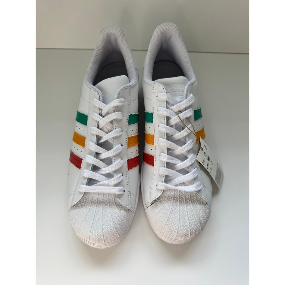 NWT Custom Adidas Superstar Men’s 10 White Shell Sneakers Rasta Stripes